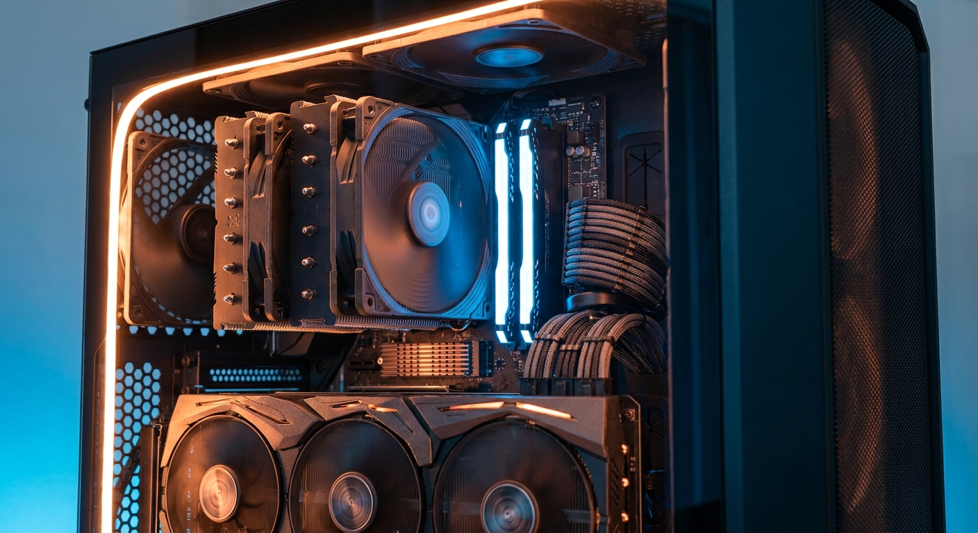 A close-up view of a gaming PC interior showing a graphics card, CPU cooler, memory, and storage drive.