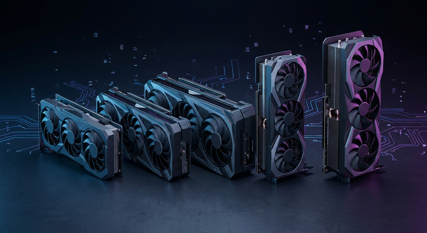 Five AMD Radeon graphics cards displayed in a side-by-side comparison arrangement