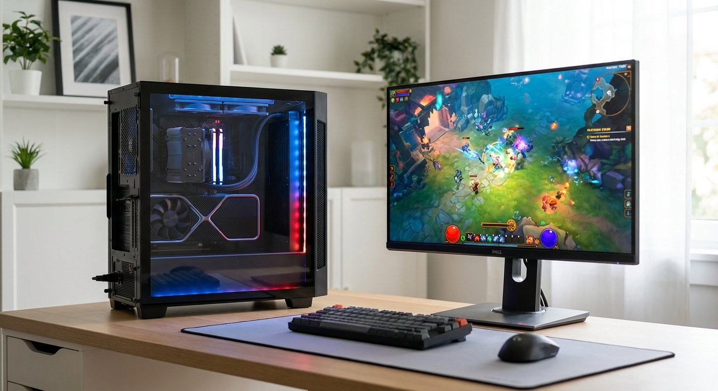 A modern gaming desktop with an AMD Radeon graphics card configured for 1440p gaming