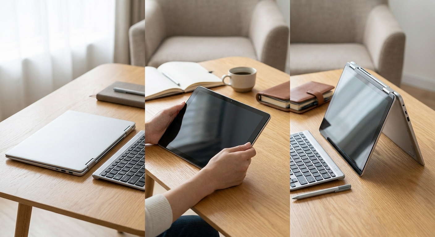 Slim convertible 2-in-1 laptop shown in laptop, tent, and tablet modes on a bright modern desk