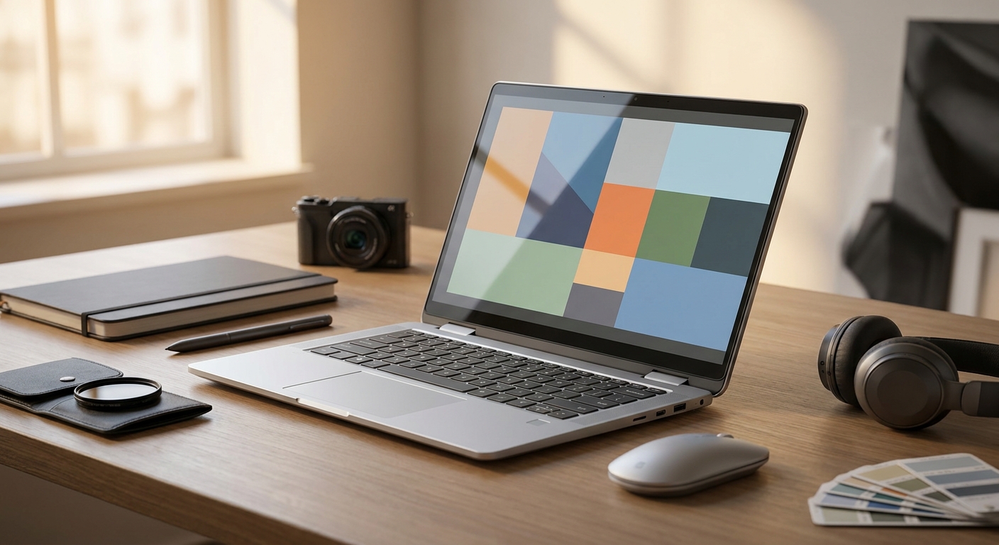 Silver convertible laptop arranged for productivity, light photo editing, and touchscreen creative work