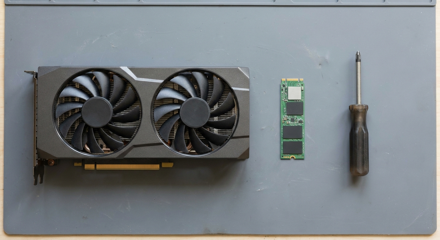 Dual-fan graphics card, M.2 NVMe SSD and a screwdriver on an anti-static mat