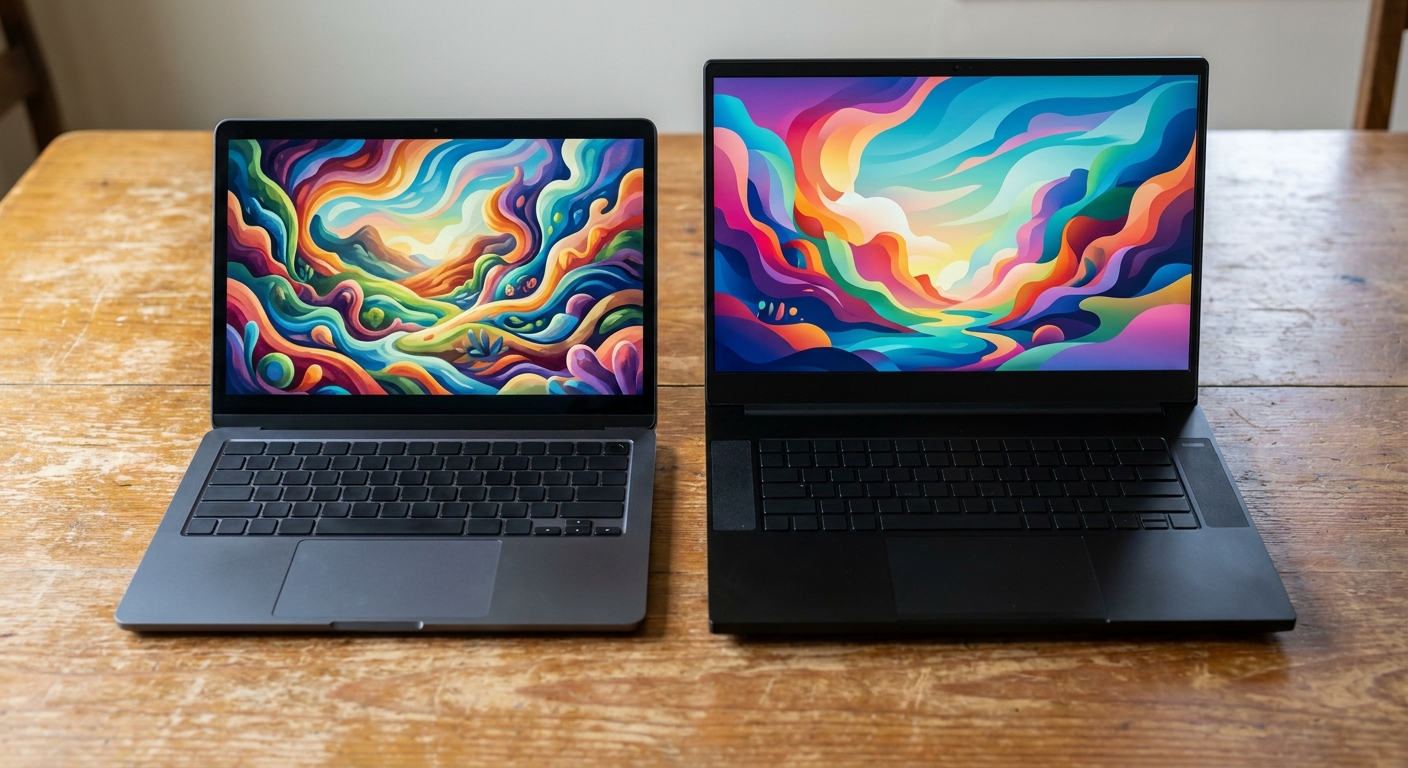 A thin 14-inch laptop next to a thicker 16-inch gaming laptop on a table