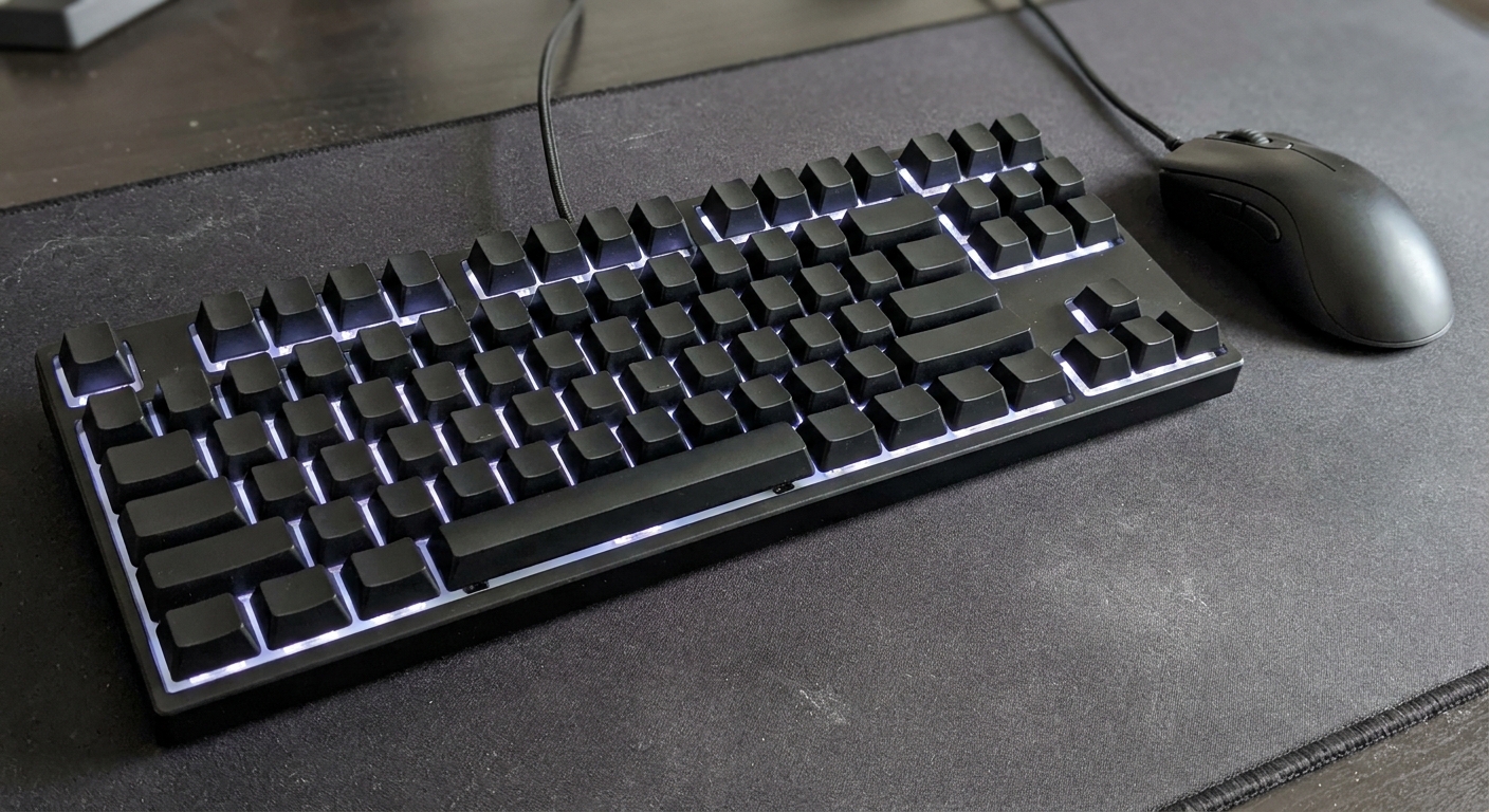 Black tenkeyless gaming keyboard with blank keycaps next to a wired mouse