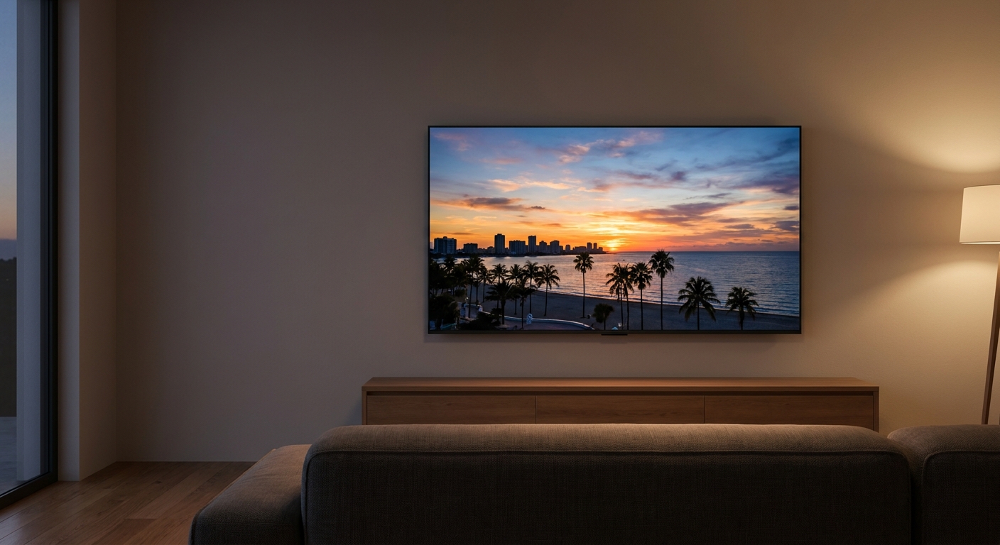 Wall-mounted TV showing a coastal city sunset in a dim living room