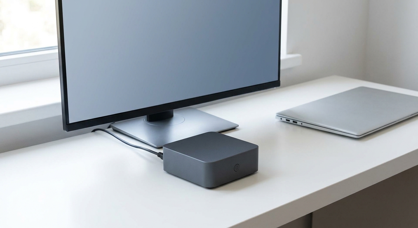 Compact mini PC on a desk beside a monitor and a closed laptop