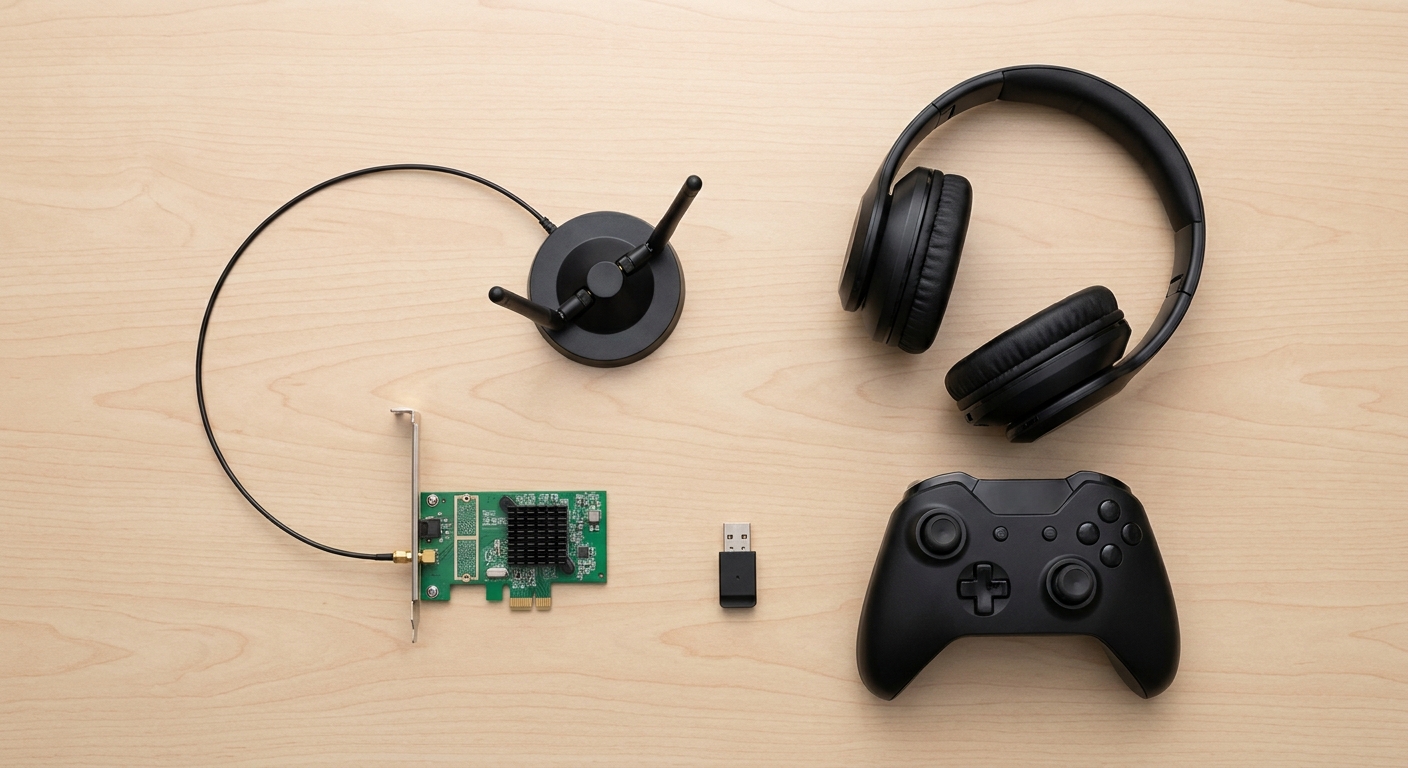 PCIe wireless card with an antenna base next to a USB dongle, wireless headphones and a game controller