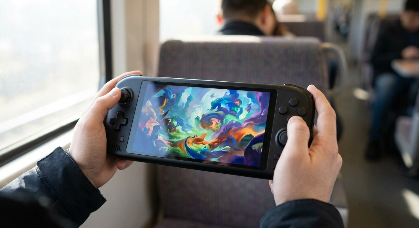 Hands holding a handheld gaming PC on a commuter train