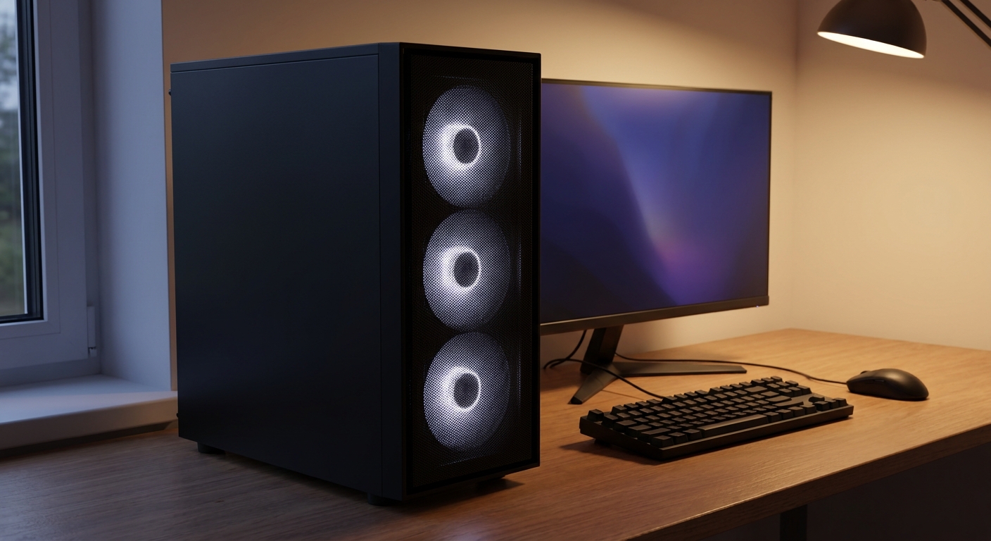 Black mid-tower PC with a mesh front and glowing fans next to a monitor and keyboard