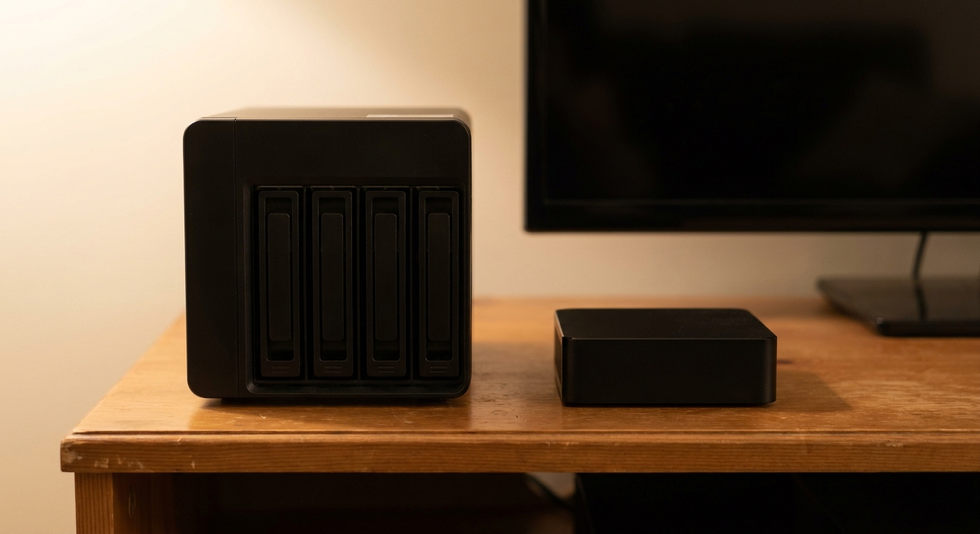 Four-bay NAS and a mini PC on a living room media shelf