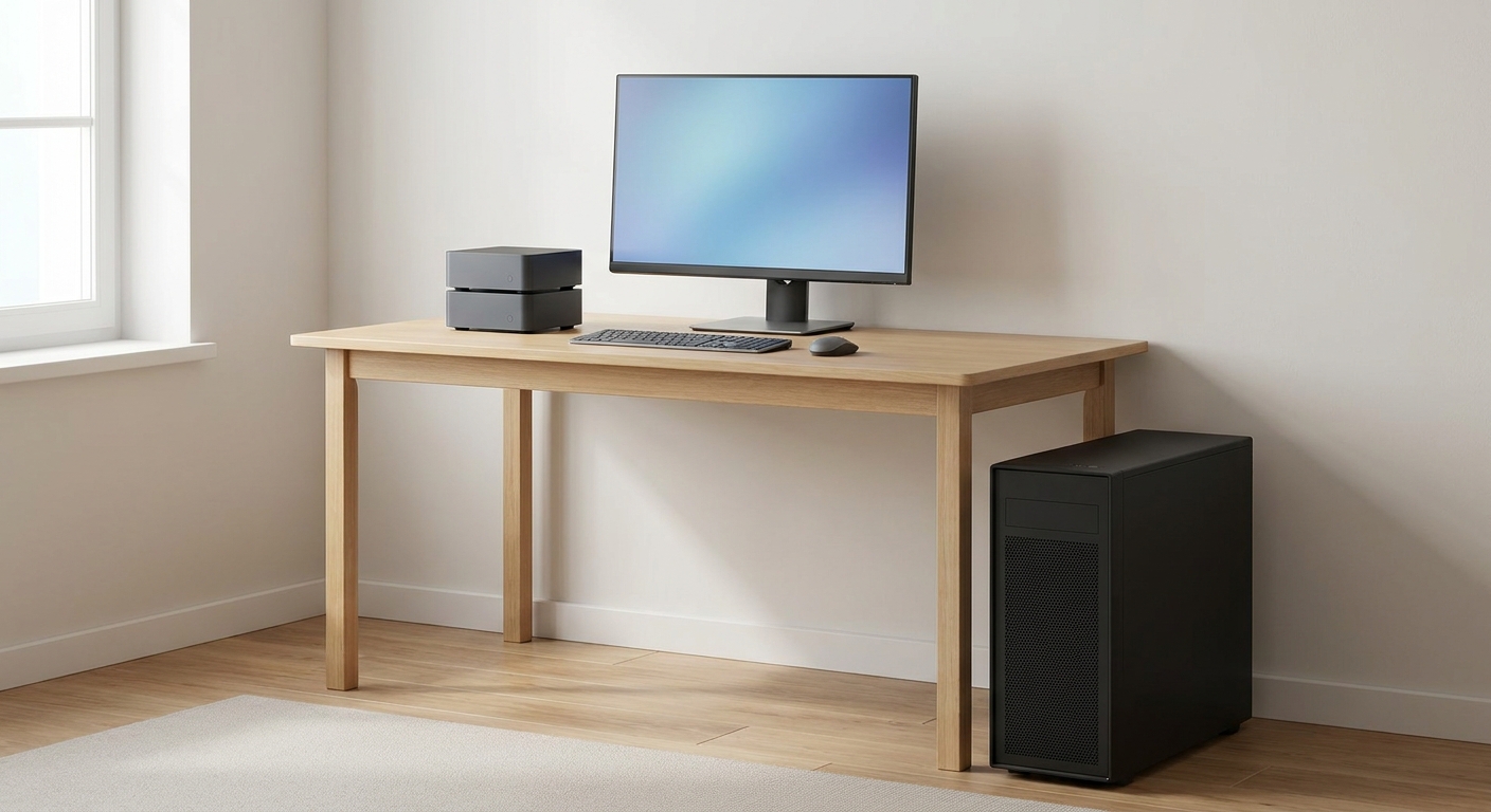 Two stacked compact AI desktops on a desk beside a monitor, with a large black tower workstation on the floor