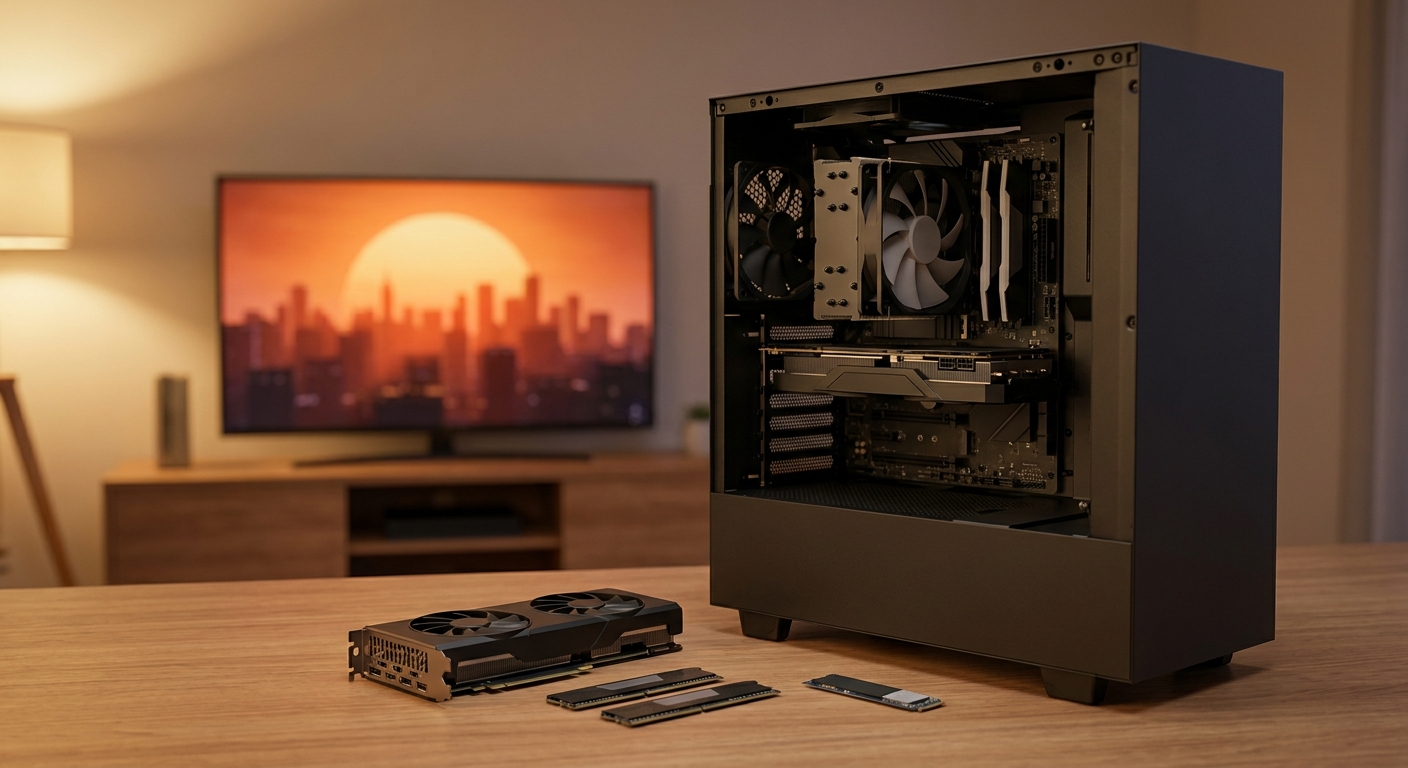 An open black mid-tower gaming PC on a desk with a spare graphics card, two memory sticks and an M.2 SSD laid out in front of it, and a TV in the background