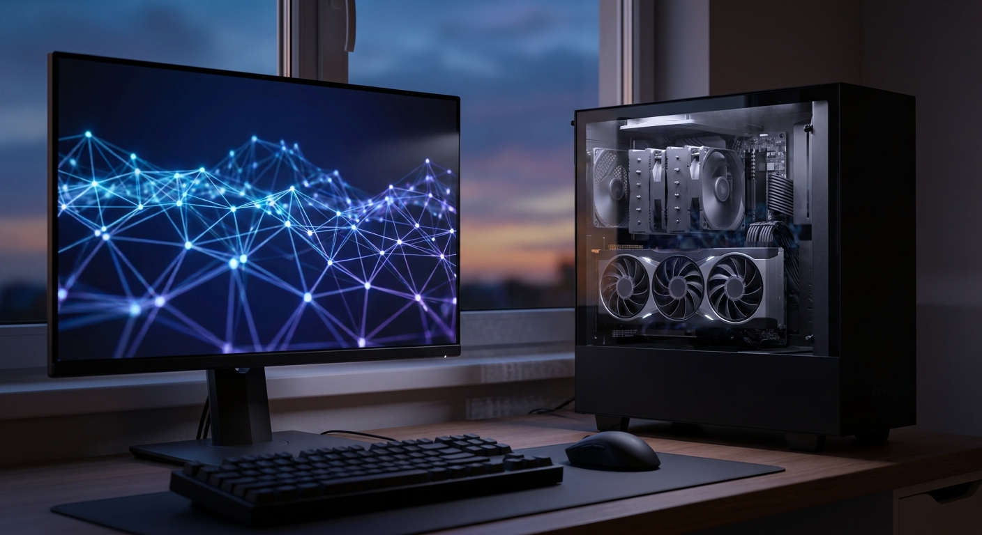 A desktop PC with a glass side panel showing one graphics card, next to a monitor displaying an abstract glowing network graphic