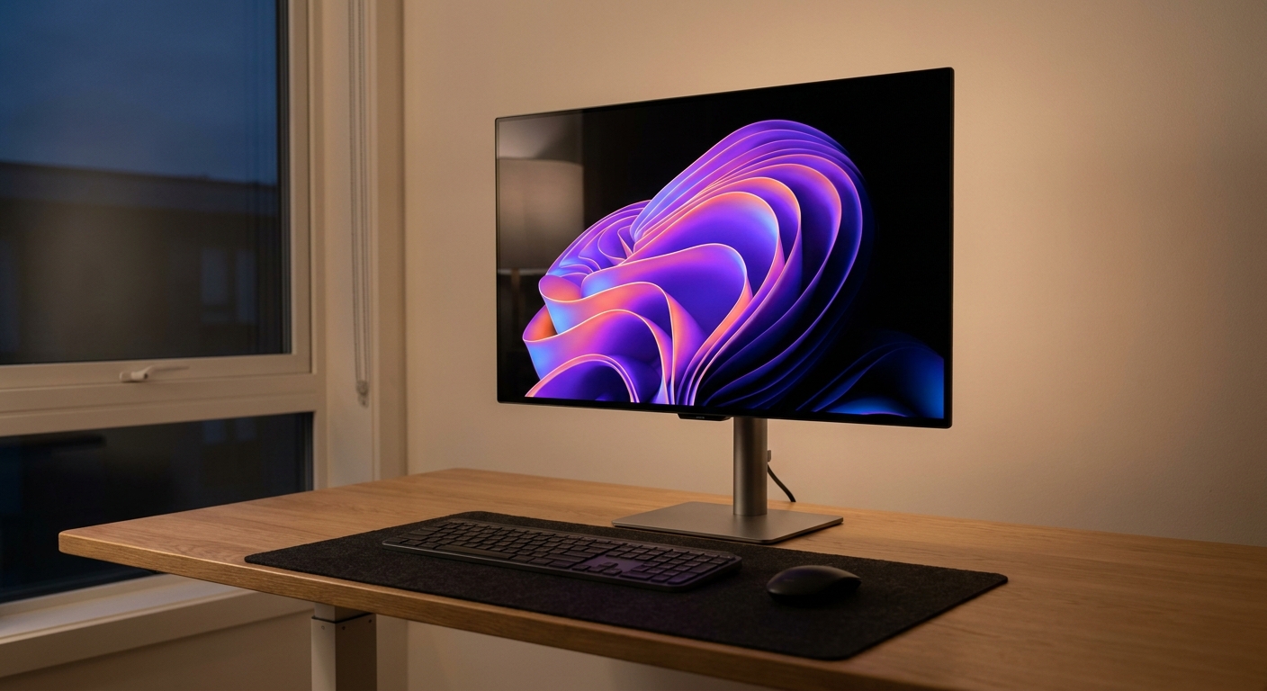 A flat OLED monitor on a tidy desk showing a vivid abstract wallpaper with deep blacks, beside a keyboard and mouse