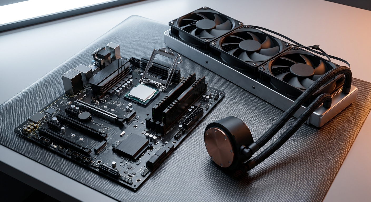 A desktop processor seated in a motherboard socket next to a 360mm all-in-one liquid cooler on a workbench
