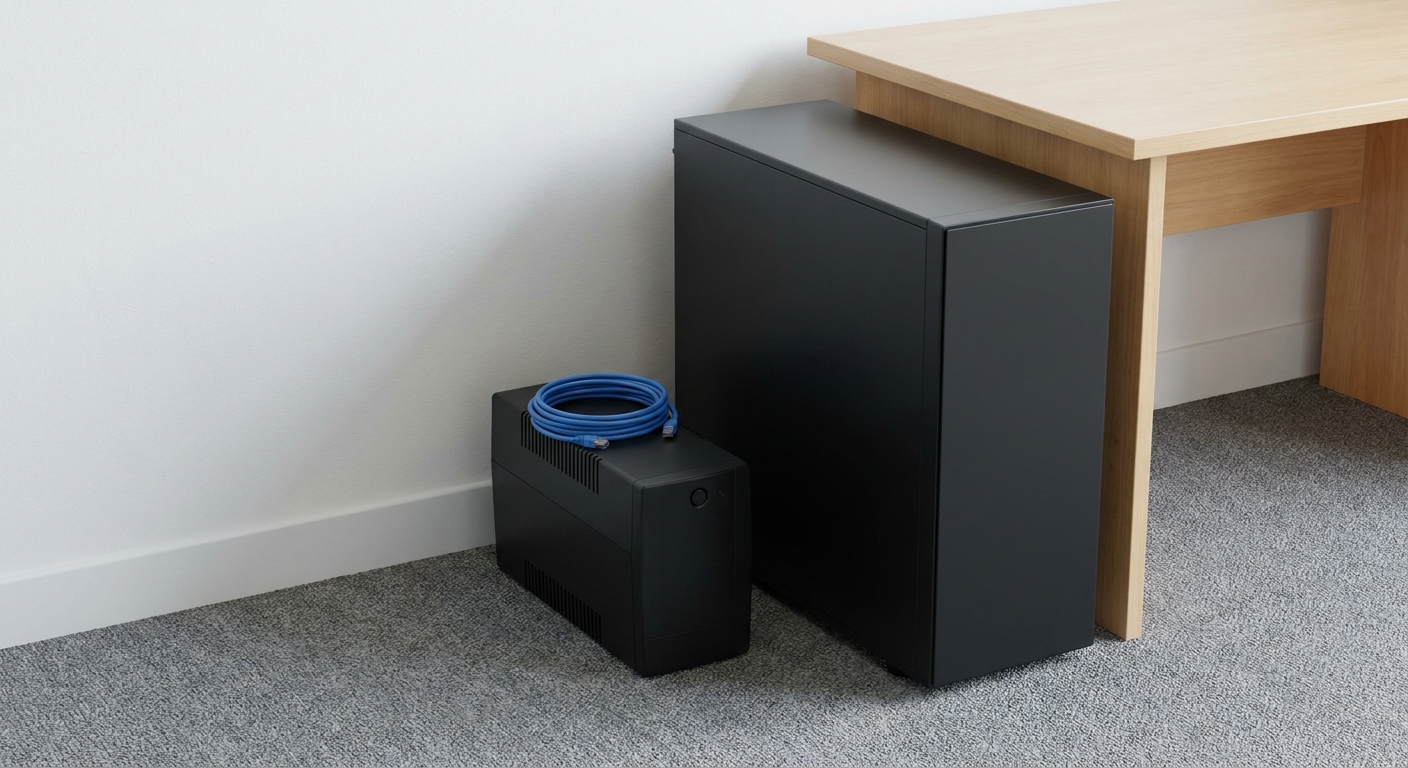 Black tower workstation next to a tower battery backup unit with a coiled blue Ethernet cable on top