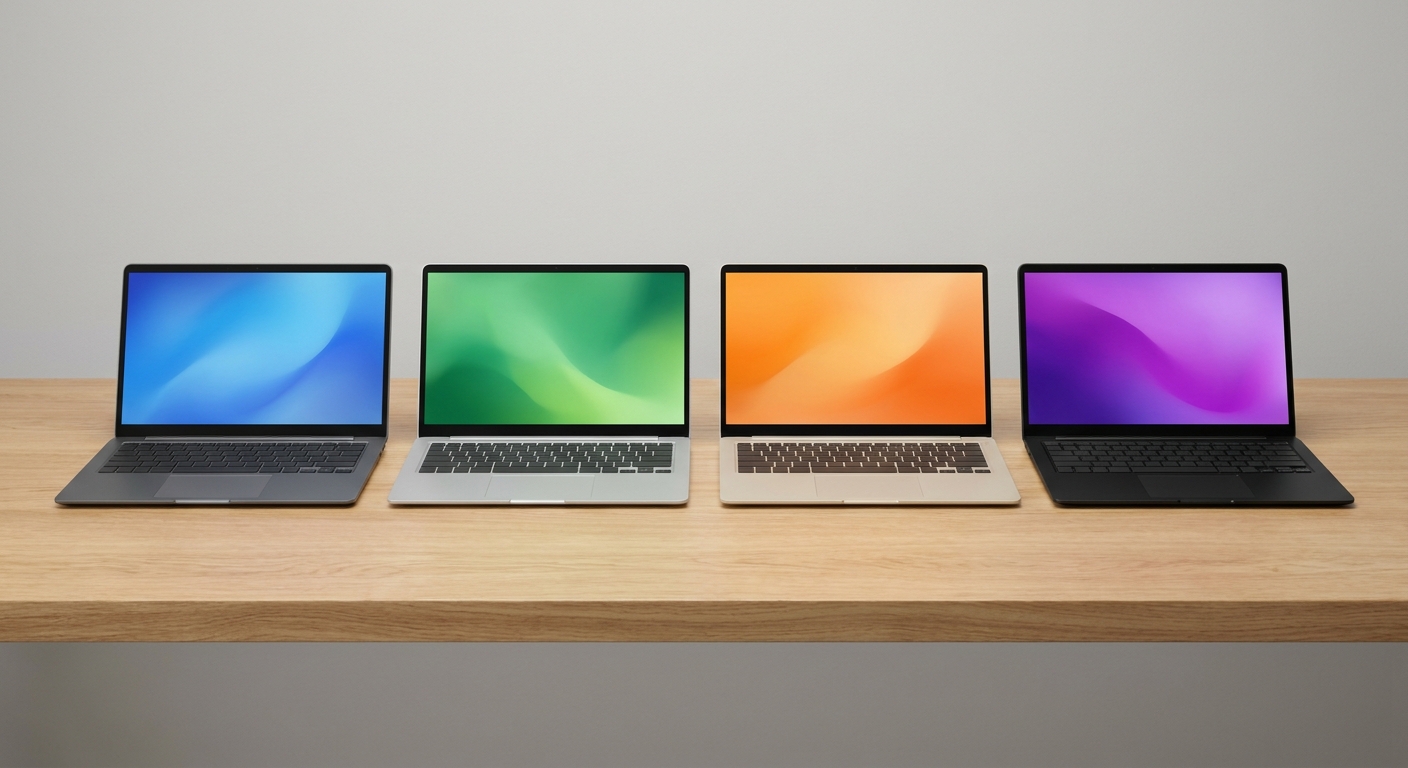 Four thin laptops in gray, silver, beige and black open side by side on a wooden desk, each screen showing a colorful abstract wallpaper