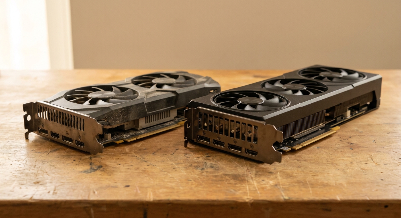 An older dual-fan graphics card next to a newer triple-fan graphics card on a wooden workbench