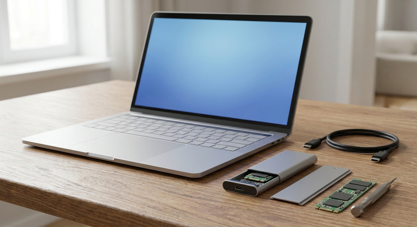 A laptop on a desk next to an open M.2 NVMe SSD enclosure, a USB-C cable, a spare M.2 SSD and a screwdriver
