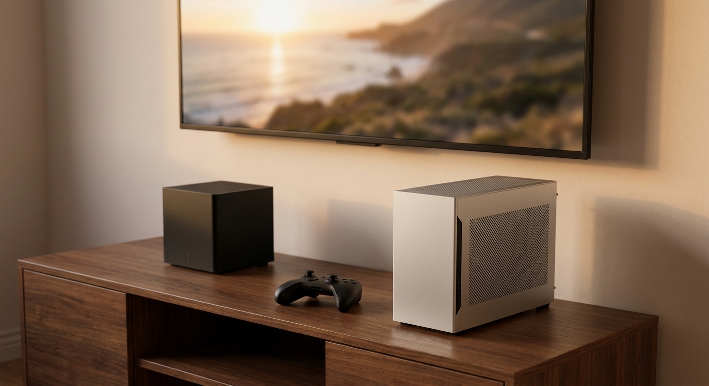 A small black cube-shaped gaming PC and a larger silver small form factor PC on a TV stand with a game controller