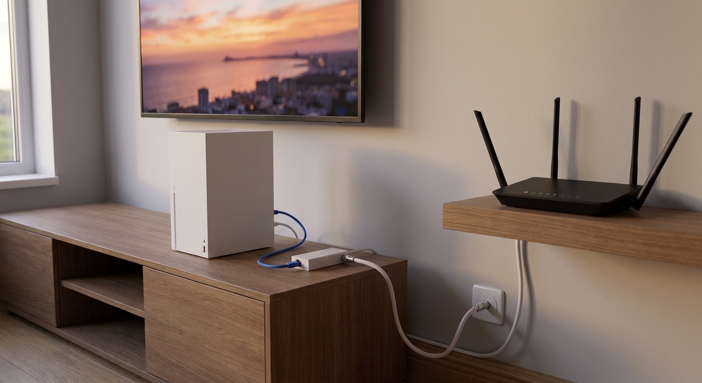 A white game console under a TV connected by an Ethernet cable to a small adapter on a coax wall outlet, with a Wi-Fi router on a shelf