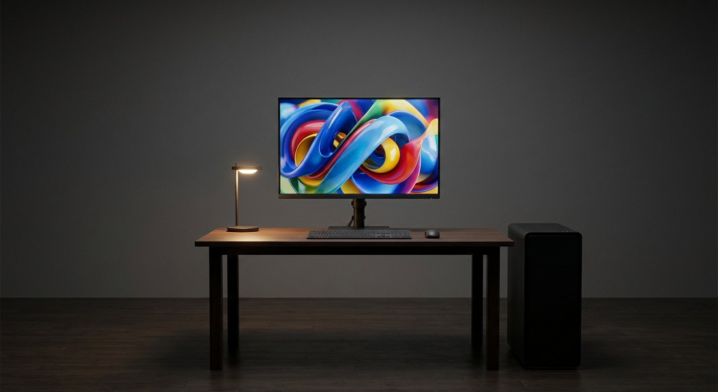 32-inch monitor showing an abstract 3D render on a desk, with a black tower workstation on the floor beside it