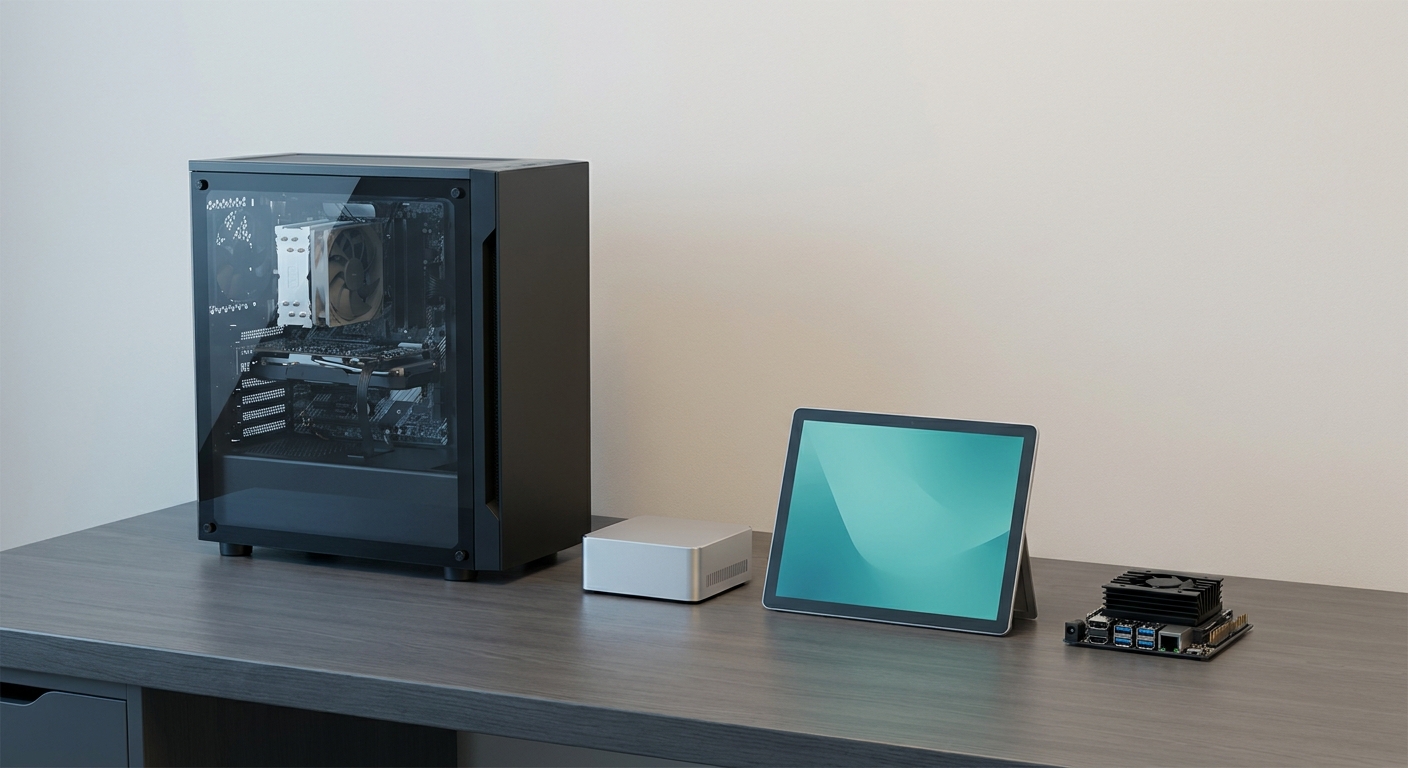 A desktop PC with a glass side panel, a compact silver mini PC, a tablet standing on its kickstand and a small edge AI developer kit on a desk
