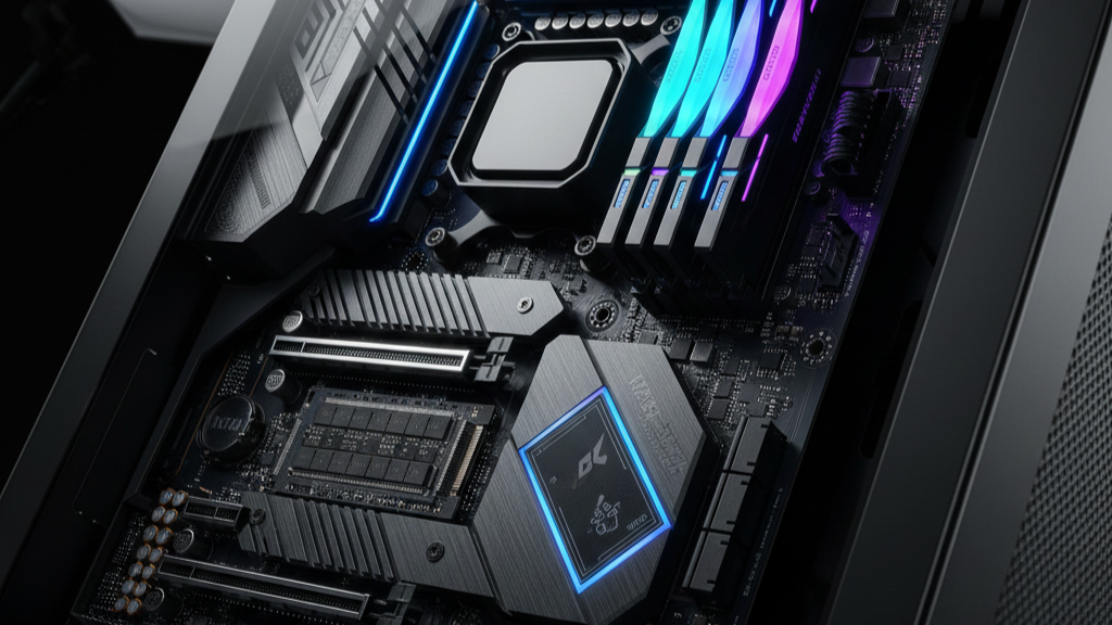 Motherboard and RAM Close-Up — High-Tech Component Assembly Beauty Shot