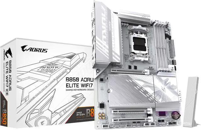 GIGABYTE B850 AORUS ELITE WIFI7 ICE motherboard in white with three M.2 heatsinks visible