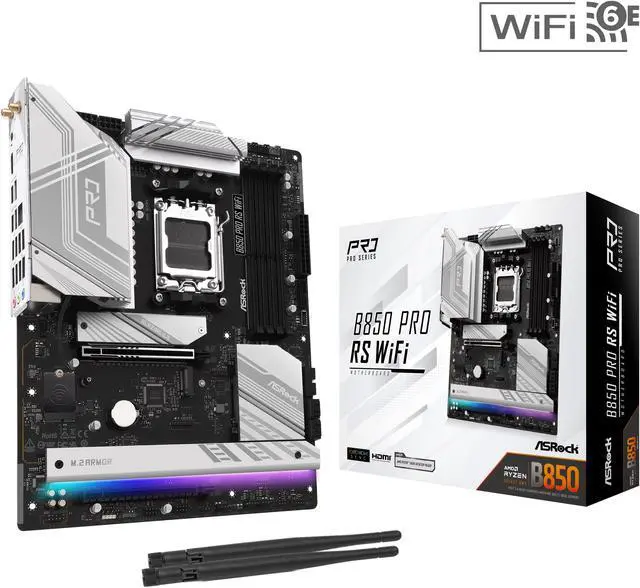 ASRock B850 PRO RS WIFI motherboard shown from above with its rear I/O shroud and M.2 heatsinks