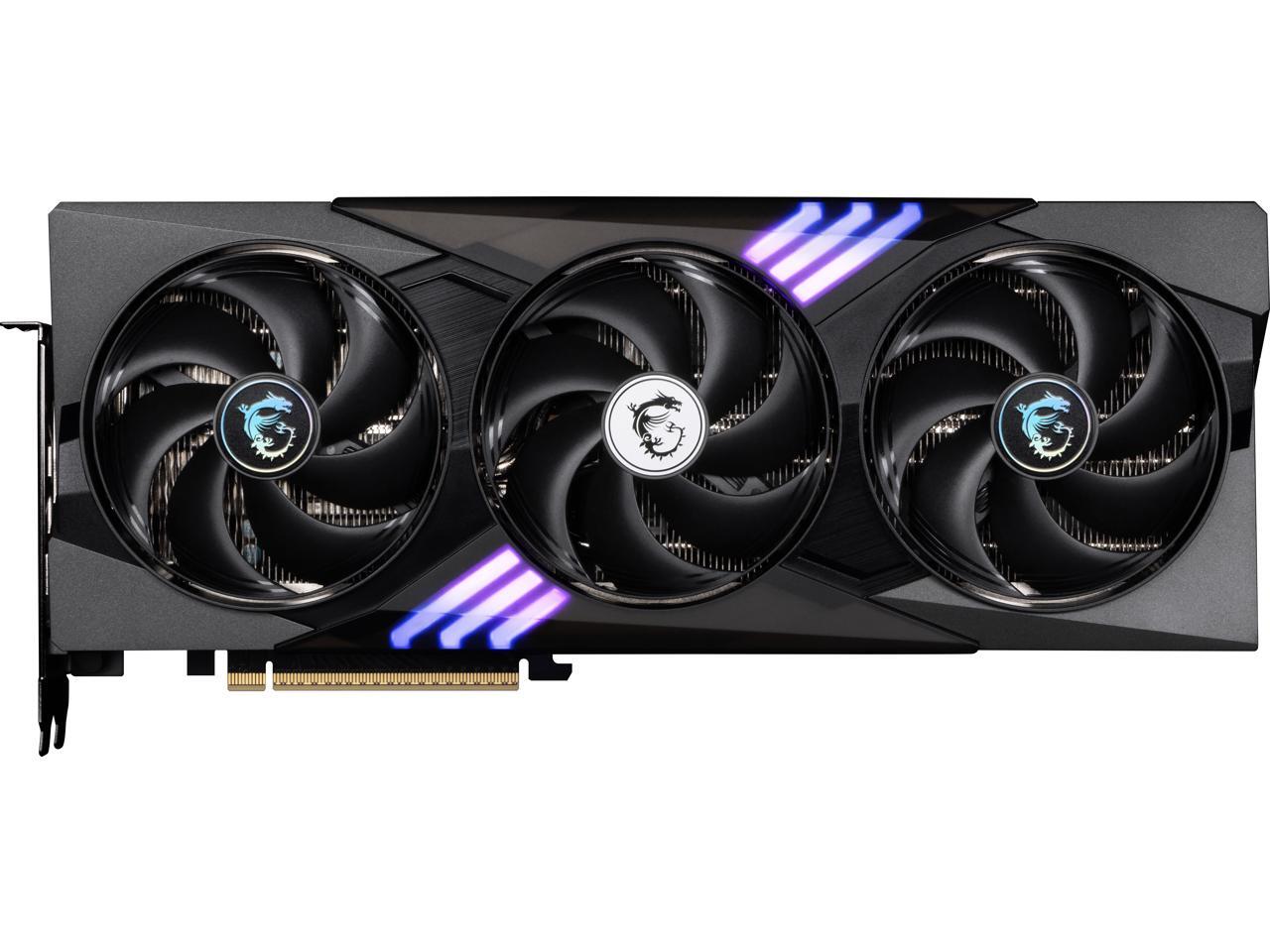 Triple-fan mid-range gaming graphics card from a Newegg product page