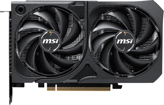 MSI SHADOW GeForce RTX 5060 graphics card with two fans, viewed at an angle
