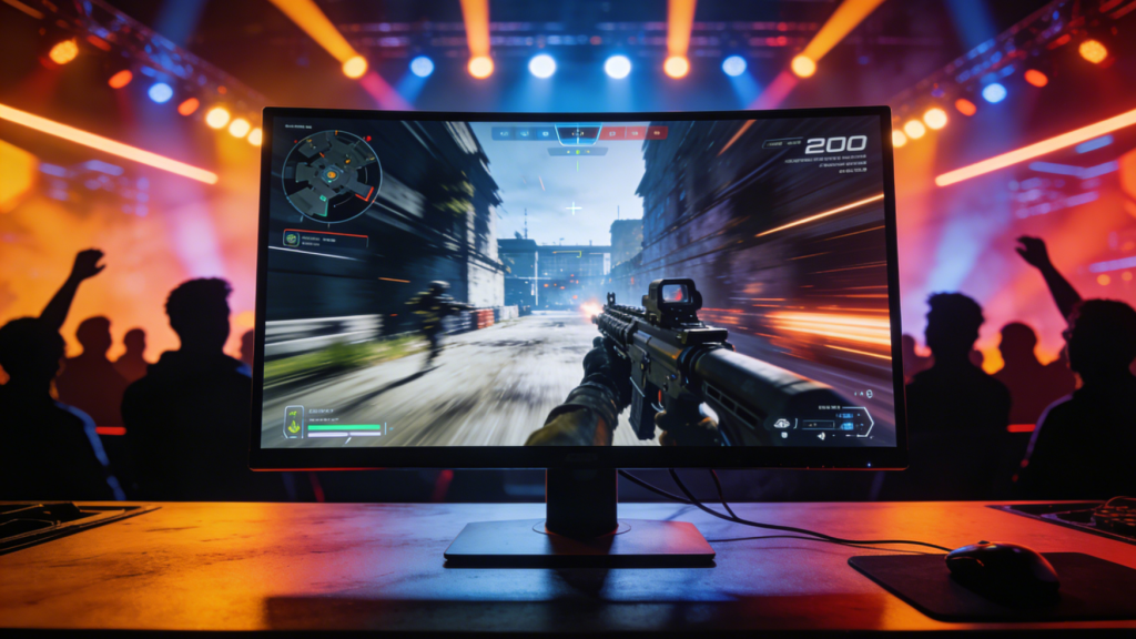 Esports scene: fast FPS gameplay with ultra-smooth motion, high refresh monitor