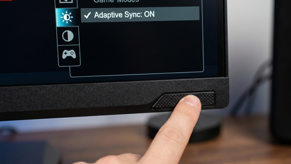 Close-up of monitor OSD menu showing adaptive sync enabled