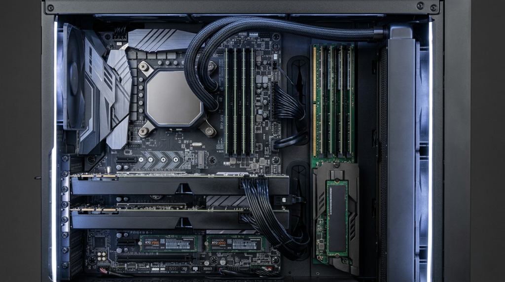 Populated workstation motherboard with GPUs