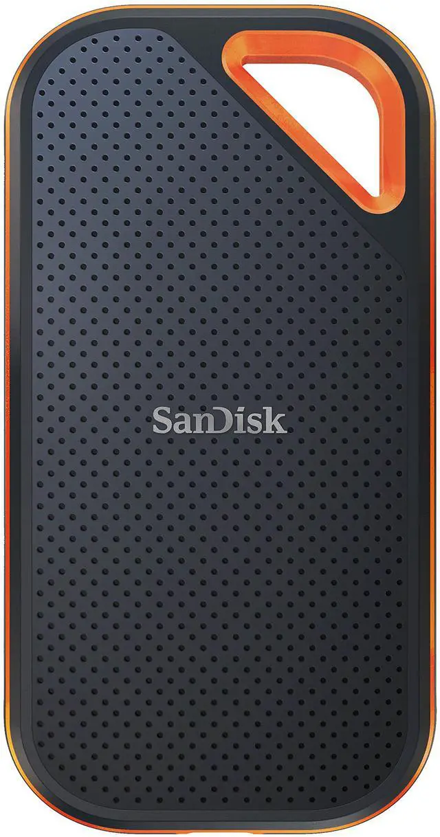 SanDisk Extreme PRO portable SSD in black with a carabiner loop, viewed from above