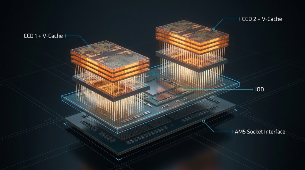 Dual 3D V-Cache Chiplet Architecture Exploded View