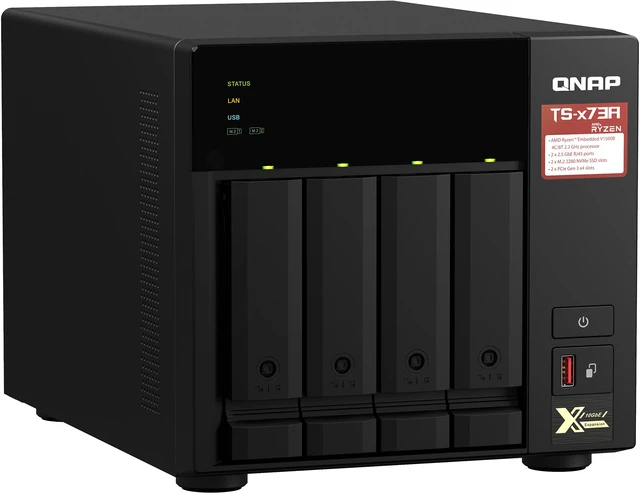 QNAP TS-473A four-bay NAS enclosure in black, front three-quarter view showing the drive trays