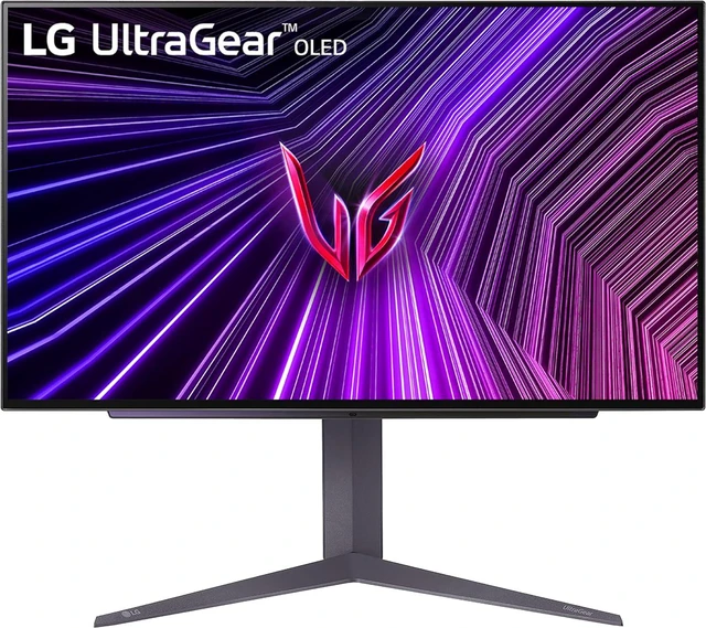 LG UltraGear 27GS93QE-B 27-inch OLED gaming monitor on its stand, front view