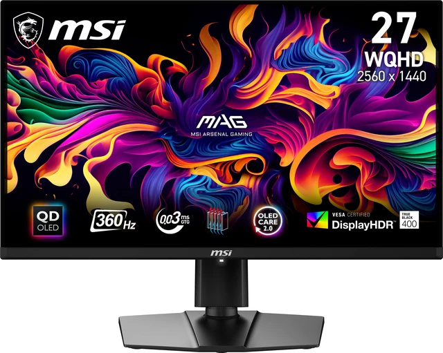 MSI 27 inch 1440p 360Hz OLED gaming monitor on a height adjustable stand