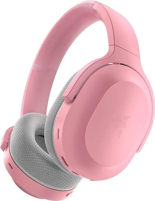 Razer Barracuda wireless gaming headset in pink, shown from the side with earcups facing forward