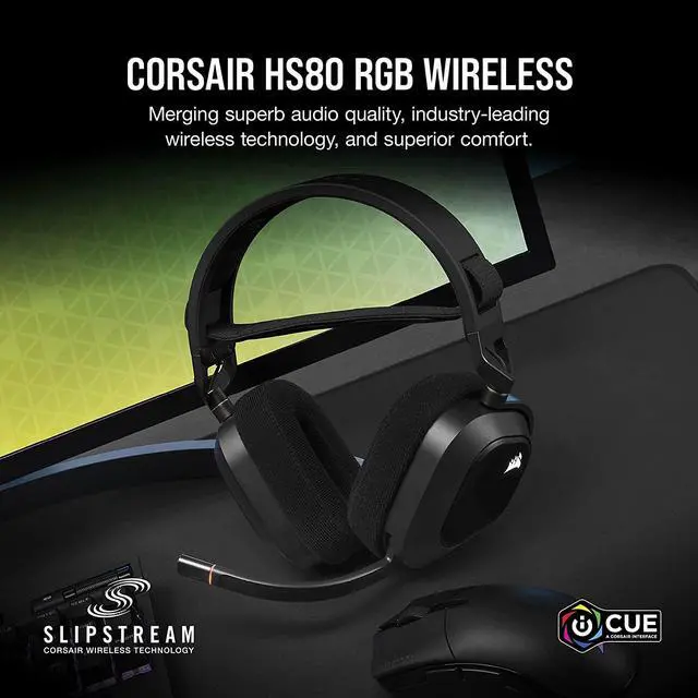 Corsair HS80 RGB Wireless gaming headset with a floating headband and a fixed boom microphone