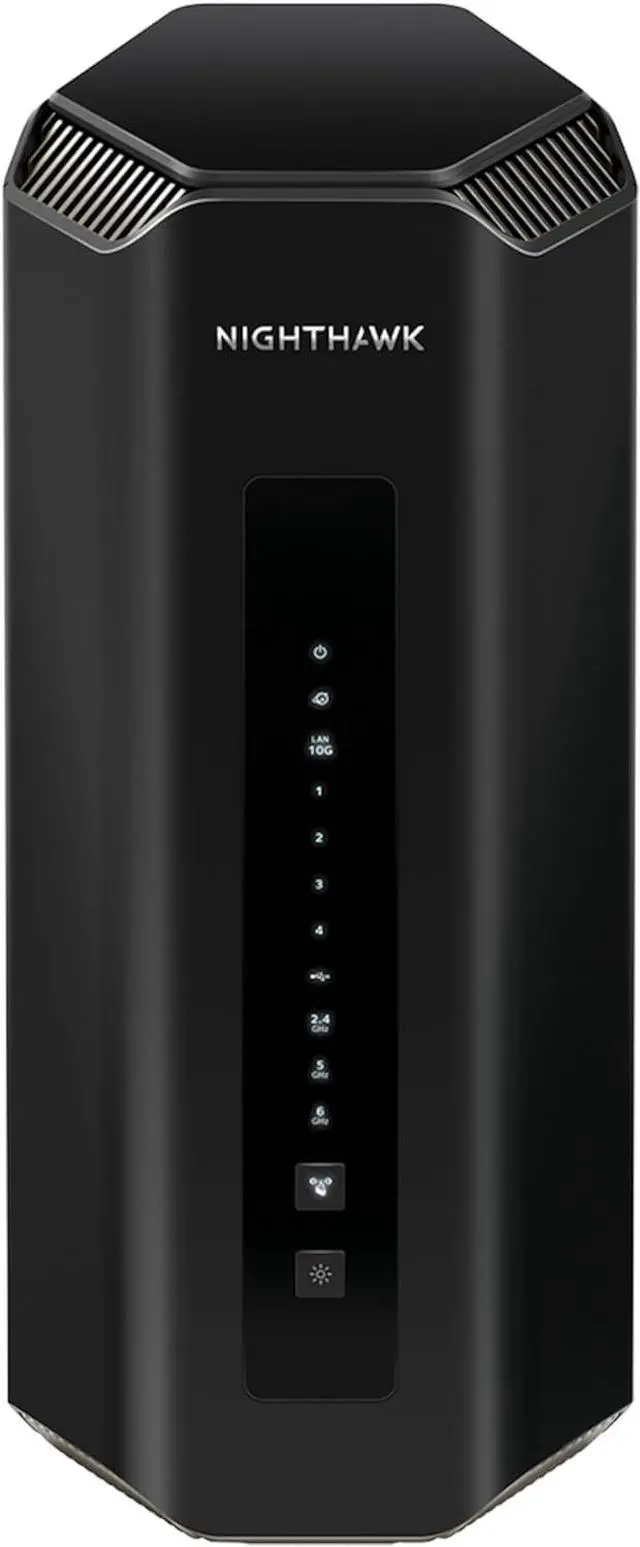 Netgear Nighthawk RS700S router, a tall white tower with a curved top, viewed from the front