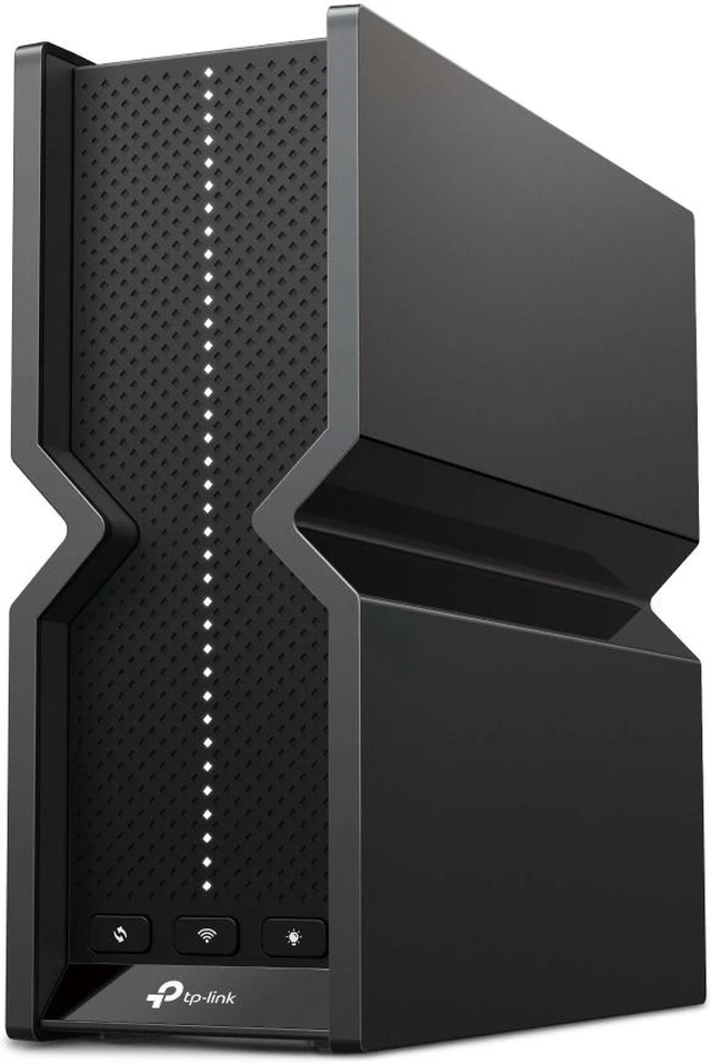 TP-Link Archer BE550 router standing upright, showing its vented tower design with no external antennas