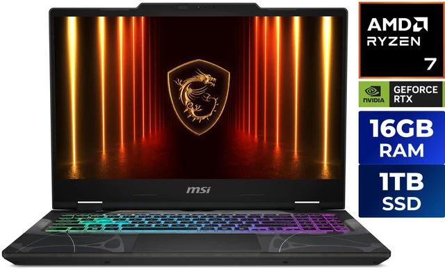 MSI Cyborg A15 gaming laptop open, showing the RGB backlit keyboard