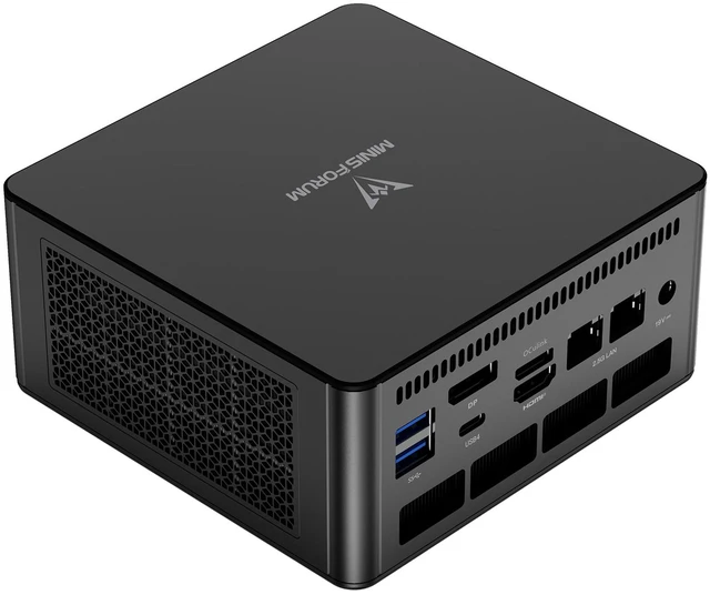MINISFORUM UM880 Pro mini PC, a compact black box viewed from the front three-quarter angle