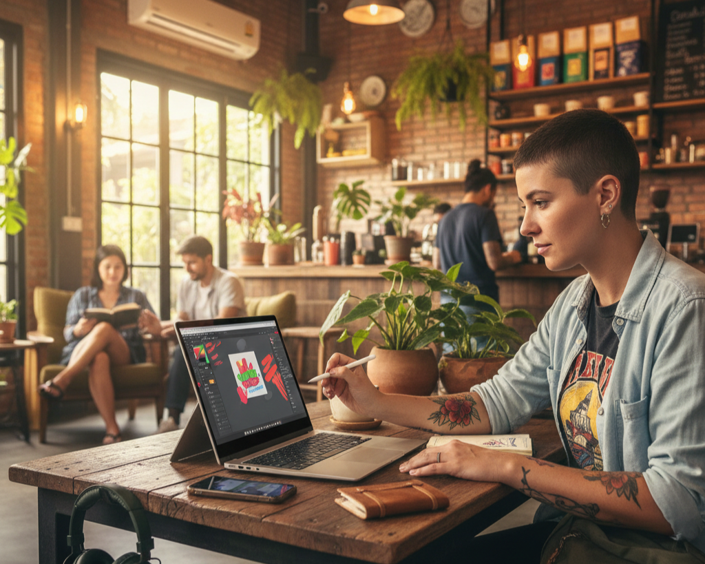 Digital Nomad Coffee Shop - 2-in-1 Laptop Versatility in Action