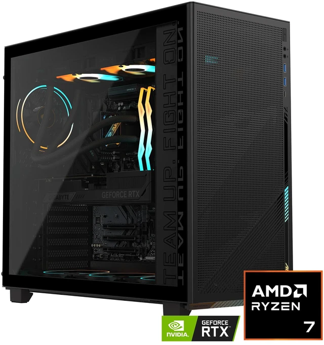 GIGABYTE AORUS PRIME 5 gaming desktop in black, front three-quarter view showing the glass panel and front intake