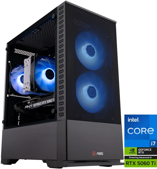 ABS Cyclone Aqua micro-ATX gaming desktop in black with mesh front intake and ARGB cooling fans