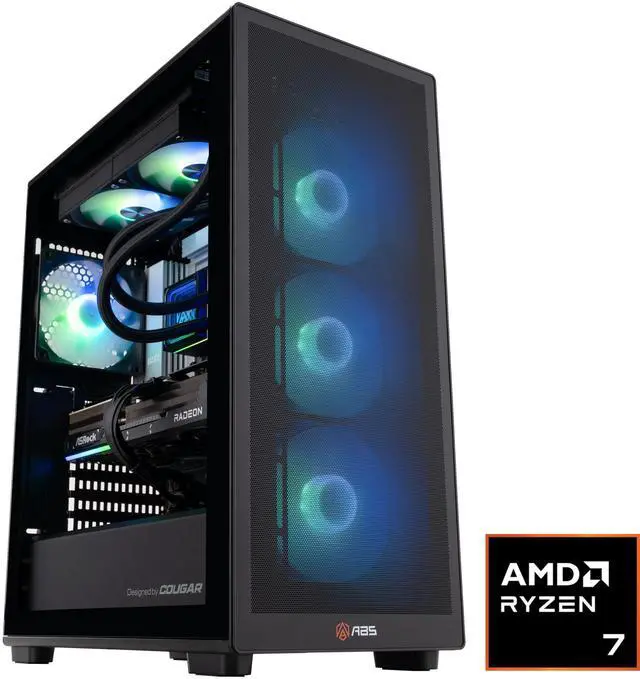 ABS Stratos Ruby gaming desktop with glass front panel, liquid cooling radiator and illuminated internal components